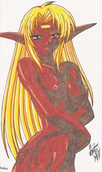 1girls 2003 blonde_hair breasts curvaceous dark-skinned_female dark_elf dark_skin elf female humanoid large_breasts long_hair looking_at_viewer nipples nude pirotess pointy_ears record_of_lodoss_war solo tagme wide_hips xolotlrex