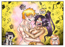 2boys 3girls anger_vein areola areolae arms ass bangs bare_shoulders black_hair bleach blush body_swap breasts dark-skinned_female dark_skin drool drooling elbows eyebrows female hair_tie hands hands_on_chest hands_on_hips hips huge_ass ichigo_kurosaki inoue_orihime interracial kon long_hair male multiple_girls muscles muscular open_mouth orange_hair ponytail purple_hair rule_63 shihakusho shihouin_yoruichi shinigami short_hair shoulders soifon tied_hair tongue