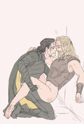 2boys barefoot black_hair blonde_hair closed_eyes eyes_closed gay human human_only light-skinned_male light_skin loki_(marvel) male/male male_only marvel marvel_cinematic_universe no_pants step-incest stepbrother thor:_ragnarok thor_(marvel) thor_(series) yaoi