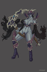 1girls fayde_(heroes_of_newerth) female female_only heroes_of_newerth high_heels markydaysaid masturbation pussy pussy_juice scythe solo tagme tongue tongue_out weapon