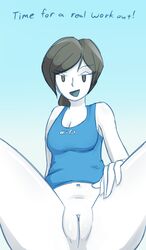 1girls bottomless clitoris female navel nintendo pussy shirt soapmonster solo spread_legs tagme text wii_fit wii_fit_trainer