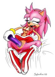 2005 amy_rose anthro breasts clothes color dildo dress female female_only front_view fur furry hedgehog insertion long_hair masturbation pink_hair simple_background solo sonic_(series) syberfox vulva white_background