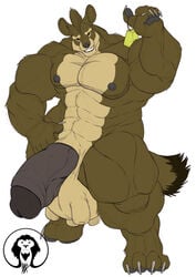 1boy abs anthro balls bell biceps big_muscles big_pecs big_testicles claws cowbell digitigrade feet feline furry half-erect huge_testicles hyena hyper hyper_penis hyper_testicles male male_only male_with_udders mammal muscular muscular_arms muscular_legs nipples pawpads paws pecs penis small_eyes solo teats thick_penis triceps udders watermark xatanlion