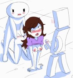 1girls 2boys ahe_gao ambiguous_penetration animated blush breasts brown_hair craziebunch doggy_style female jaiden_animations kiomaru1 life_noggin mob_face nipples penis penis_blush theodd1sout white_background youtube youtuber