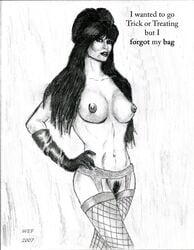 1girls 2007 big_hair black_and_white breasts cassandra_peterson celebrity elvira elvira:_mistress_of_the_dark female female_only fishnet_stockings garter_belt gloves goth hair large_breasts mole monochrome pencil pubic_hair solo wefergie007