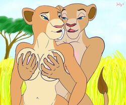 anthro breast_grab breasts color disney eye_contact female female_only front_view fur furry incest lion lioness mother_and_daughter multiple_females nala sarafina tagme the_lion_king yuri