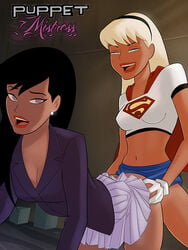 2girls black_hair black_hair_bottom blonde_hair blonde_hair_on_black_hair blonde_hair_top cleavage dc_comics dcau domination eyeliner female futa_on_female futanari gloves hourglass_figure justice_league kara_in-ze light_hair_on_dark_hair lipstick lois_lane lois_lane_(dcau) microskirt miniskirt navel skirt strap-on sunsetriders7 supergirl superman:_the_animated_series superman_(series)