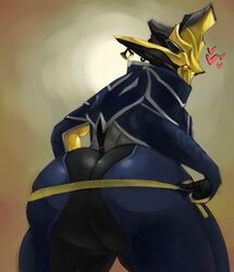 1girls 2d 2d_(artwork) 2d_artwork artist_request ass big_ass bodysuit butt_focus dat_ass female female_only heart huge_ass measuring measuring_ass measuring_tape mesa_(warframe) presenting_hindquarters robot_girl solo solo_female warframe