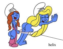 blonde blonde_hair blue_skin brown_hair butt_flap female hanna-barbera helix multiple_girls pajamas panty_pull pussy sassette simple_background smurfette the_smurfs white_background young yuri