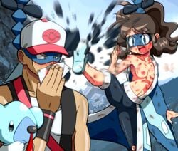 baseball_cap beige_skin blood breasts brown_hair brycen brycen_(pokemon)_(cosplay) clothes cryogonal cubchoo cyan_fur female feral fur hachiku_(pokemon) hair hat hilda_(pokemon) human interspecies kicking male mask nipples nosebleed pokemon raised_leg rorretsim round_ears size_difference tagme tan_skin