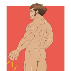 1boy ass bara brown_hair darkfatalknight garo:_vanishing_line garo_(series) human male male_focus male_only muscle nude smile solo sword_(garo)