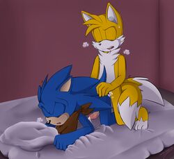 2boys anal bed blue_arms blue_fur cum doggy_style fur furry furry_only hedgehog mammal multiple_boys penis scarf sonic_(series) sonic_boom sonic_the_hedgehog sonicwind01 tails yaoi