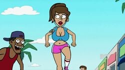 animated babs_brando beauty_mark big_breasts bouncing_breasts breasts brown_hair clothed clothing exercise eyelashes eyeshadow female good_vibes huge_breasts human lipstick male milf mole ponytail public red_lipstick short_shorts shorts sports_bra thick_lips tied_hair workout