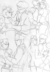 1boy 1girls areola ass breast_grab breasts chun-li crotch_grab enemies enemies_to_lovers enemies_with_benefits erect_nipples female hair_ornament hat human m_bison male mideax monochrome nipples straight street_fighter undressing