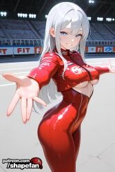 ai-created ai_art ai_generated asphalt biker biker_clothes biker_girl blue_eyes boob_window breasts bust chest demi_(shapefan) driver female female_only fit hand_outstretched jumpsuit light_skin long_hair looking_at_viewer medium_boobs medium_breasts medium_tits montone_hair open_mouth pale_skin public race_suit racer racetrack red_jumpsuit shapefan silver_hair skinny smile smiling smiling_at_viewer solo stadium straight_hair tight_clothes tight_clothing underboob