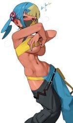 1girls abs armpit_crease armpits baggy_pants belly belt blonde_hair blue_eyes blue_hair blue_nails blush breasts canari_(pokemon) canary_(pokemon) crop_top dark-skinned_female dark_skin ear_blush feet_out_of_frame female groin hair_ornament hands_on_own_chest heart hip_bones hip_strap large_breasts mask midriff mouth_mask multicolored_eyes multicolored_hair nail_polish navel nintendo pants pocket pokemon pokemon_legends:_z-a radon86_nya shirt sidelocks simple_background solo split-color_hair standing steam stomach strap toned toned_female twintails two-tone_hair two-tone_pants underboob undressing yellow_eyes yellow_shirt