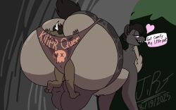 3_toes anthro ass big_butt brown_body clothed clothing curvy_figure dialogue digital_media_(artwork) duo eyelashes face_in_ass feet female feral fingers fur hair heart_symbol hi_res horn huge_butt hyena hyper hyper_butt inside_clothing jayme_universe looking_back male male/female mammal open_mouth outside panties partially_clothed short_hair size_difference smile speech_bubble tail teeth text thick_thighs toes trapped_in_clothing underwear voluptuous voluptuous_feral wide_hips