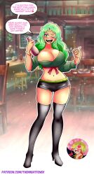 1boy 1girls 2022 2d alcohol alcohol_bottle alcoholic_drink artist_name bar barstool big_breasts breast_expansion breast_growth breasts cleavage cleavage_overflow clothed clothes clothing color colored colored_text covered_nipples curvy curvy_figure detailed_background dialogue digital_media_(artwork) english_text female female_focus female_only full_body fully_clothed gender_transformation genderswap_(mtf) green_eyes green_hair green_hair_female hi_res highres holding_bottle holding_cup holding_object hourglass_figure huge_breasts indoors inside large_breasts long_hair nosebleed offscreen_character one_piece overflowing_breasts patreon_username post-transformation roronoa_zoro rule_63 sexy short_shorts shounen_jump solo solo_female solo_focus sparkles speech_bubble standing table text themightfenek thighhigh_boots transformation vinsmoke_sanji