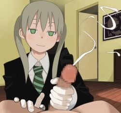 censored clothing cum ejaculation female gloves green_eyes handjob maka_albarn male penis smile soul_eater striped_tie tagme tie