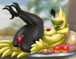 2026 absurd_res angry anthro apple beak big_breasts black_body black_eyes blurred_background bread breasts browt butt croissant crossed_arms feathers feet female female_only food food_fetish food_on_plate food_play fruit game_freak generation_10_pokemon habrow heartlessangel3d hi_res looking_at_viewer lying nintendo nipples nude on_back open_mouth pastry plant plate pokemon pokemon_(species) pokemon_ww solo talons toes tongue white_sclera yellow_body yellow_feathers
