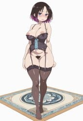 ai_generated black_hair blue_eyes blushing breasts carpet civitai curvy curvy_body curvy_female curvy_figure curvy_hips czero2011 elma_(dragon_maid) excessive_pubic_hair exposed_breasts exposed_nipples exposed_pussy female female_only female_pubic_hair flustered garter_belt garter_straps inverted_nipples kobayashi-san_chi_no_maidragon large_breasts miss_kobayashi's_dragon_maid multicolored_hair partially_clothed partially_nude plump_lips pubic_hair puffy_areola purple_hair pussy sexy_pose short_hair shy simple_background slit_pupils solo solo_female solo_focus standing stockings thick_thighs underbust_corset wide_hips