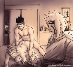 anal dildo doggy_style hatake_kakashi human inuzuka_kiba jiraiya male male_only monochrome multiple_males nara_shikamaru naruto nude sarutobi_asuma sepia sepia_tone uzumaki_naruto yaoi yoon