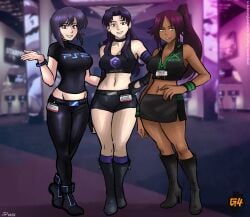 3girls big_breasts black_choker black_pants black_shoes black_shorts black_skirt bleach booth_babe breasts choker clothes_writing color_connection convention crop_top crossover curvy dark-skinned_female dark_skin female female_focus female_only full_body game_console gamecube ghost_in_the_shell hair_color_connection highres id_card indoors katsuragi_misato kusanagi_motoko lanyard light-skinned_female long_hair midriff multiple_girls navel neon_genesis_evangelion pants playstation_2 ponytail purple_hair shihouin_yoruichi shiny_skin shoes short_hair shorts skirt standing trait_connection videajames wide_hips wristband xbox_(original) xbox_logo yellow_eyes