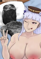 1boy 1boy1girl after_sex breasts coat dress fan female girl gold_ship_(umamusume) horse_ears horse_girl large_breasts presenting tight_clothing umamusume umamusume_pretty_derby