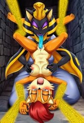 ai_generated arms_above_head arms_bound black_cat black_skin black_skinned_female blue_tongue bondage breasts breasts_grab breasts_grabbed_from_behind cat_furry chained_legs chains closed_eyes cunnilingus cute egyptian egyptian_clothes egyptian_headdress egyptian_mythology furry furry_female furry_only hieroglyphics long_tongue orgasm orgasm_face original_character pharaoh pinching_nipples sally_acorn sharp_claws sonic_(series) sonic_the_hedgehog_(archie) sonic_the_hedgehog_(series) tongue_in_pussy tweaking_nipple upside-down upside_down_cunnilingus