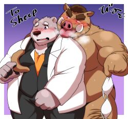 12beat13 anthro bear belly blush bra clothing duo groping_chest groping_from_behind hi_res jambavan lifewonders male male/male mammal nude overweight suid suina sus_(pig) tokyo_afterschool_summoners tusks underwear wild_boar