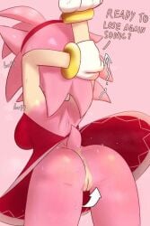 accessory amy_rose anthro anus bangle bodily_fluids breath butt clothed clothing countershade_arms countershading dialogue directional_arrow dress english_text eulipotyphlan female female_only genitals gloves hair hands_behind_head handwear headband hedgehog henta24 hi_res jewelry mammal no_underwear panting pink_body sega short_hair solo sonic_(series) sonic_the_hedgehog_(series) sweat sweatdrop tail text upskirt vulva