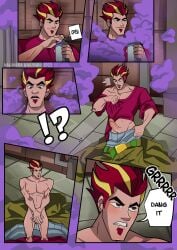 1boy 2022 2022s clothes_on_floor dc dc_comics dcau erect_penis erection francis_stone goatee hard_on hotstreak male male_only micro_male milestone_media miniguy nakamura_kikuharu purple_smoke red_clothing red_hair sequence shrink shrinking shrunk shrunken_male smoke static_shock surprised surprised_expression text_bubble twitter villain