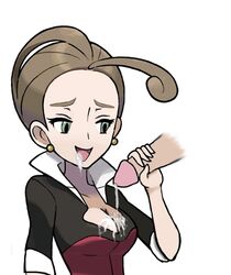 after_handjob alexa_(pokemon) alternate_version_available brown_hair cum cum_on_breasts cum_on_clothes cum_on_face disembodied_penis earrings female game_freak green_eyes handjob holding_penis male medium_breasts open_mouth pansy_(pokemon) penis pokemon pokemon_xy shoopawiz white_background