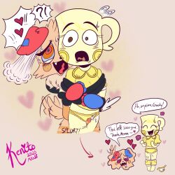 after_orgasm afterglow cartoony cum cum_on_thighs cumshot dandy's_world dialogue goob_(dandy's_world) half-dressed hugging hugging_from_behind kenitohhh oc_(dandy's_world) orgasm orgasm_face outercourse silly silly_face simple_background thigh_fuck wagging_tail