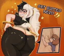 2girls absurd_res ass ass_focus big_ass black_hair brown_hair buttcrush giantess light-skinned_female light_skin multicolored_hair tagme text veruveru21 white_hair