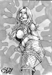 ball_gag black_canary bondage breasts dc dinah_lance erivelto_cana_bueno female gag green_arrow_(series) monochrome nipples rope solo tagme tied_up