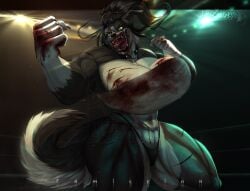 1girls abdomen abdominals artist_logo artist_signature background bandage bandages bandages_around_breasts bandages_around_chest big_ass big_breasts big_muscles big_tongue black_fur black_hair blood blood_in_mouth blood_on_bandage blood_on_bandages blood_on_face blood_on_fists blood_on_hand blood_stain bloodied choker claws commission commission_art cuts cuts_on_abdomen cuts_on_arms cuts_on_chest cuts_on_thighs english english_text female female_focus female_only fight fighter fighting fighting_ring fighting_stance fur furry furry_female furry_only green_eyes heart_choker horror muscular muscular_female oc sharp_teeth tail tall_female text thong white_fur wolf_ears yanzeigeist