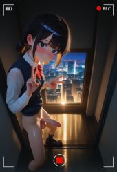 1futa 1girls after_masturbation ai_generated balls black_eyes black_hair blunt_bangs blush bowlegged_pose cityscape closed_mouth devaster dickgirl female from_above futanari hand head_tilt highres hud indoors intersex long_sleeves looking_at_viewer low_twintails medium_penis nervous_smile nervous_sweat night recording school_uniform schoolgirl schoolgirl_uniform short_hair skinny_futa skinny_legs slender_body small_breasts standing teenage_futa veiny_penis vest window wooden_floor