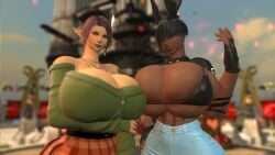2girls 3d abs amicea bangs bikini_top black_hair bunny_ears bunny_girl cleavage cleavage_overflow dark-skinned_female dark_skin earrings elezen elf elf_ears elf_female final_fantasy final_fantasy_xiv gpose_(ffxiv) huge_breasts light-skinned_female light_skin orange_eyes outdoors pov purple_hair self_upload taller_female tattoo tattoos viera