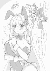 1boy 1girls 2323astronomy archetype_earth arcueid_brunestud big_breasts blush bowtie breasts breasts_bigger_than_head bunny_girl cleavage collar covering_self curvy fake_animal_ears fake_bunny_tail female large_breasts melty_blood playboy_bunny reverse_bunnysuit sketch smile smug thick_thighs tohno_shiki tsukihime upper_body wide_hips wrist_cuffs