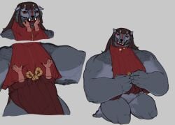 2024 anthro bangs black_sclera bottomless bottomwear breasts brown_hair canid canine clothed clothing digital_drawing_(artwork) digital_media_(artwork) disembodied_hand eggy_weggi female female_only fur grey_body grey_fur hair hi_res horn lips long_hair makeup mammal model_sheet multiple_images muscular muscular_anthro muscular_female patience_(eggy_weggi) sharp_teeth simple_background skirt small_breasts solo_focus teeth
