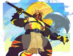 2025 abs abstract_background anthro areola armor armpit_hair axe barazoku barbarian battle_axe belt biceps big_bulge big_muscles body_hair border bottomwear bracers bulge canid canine canis claws clothed clothing cloud day detailed_bulge fur hair harness holding_axe holding_object holding_weapon huge_bulge huge_muscles infernowolf kihu loincloth looking_at_viewer low-angle_view male mammal muscular muscular_anthro muscular_male navel nipples open_mouth outside pauldron pecs serratus simple_background solo spiked_pauldron spikes standing sun sweatdrop_(iconography) teeth thick_arms thick_thighs topless topless_anthro topless_male tuft unconvincing_armor weapon white_border wolf