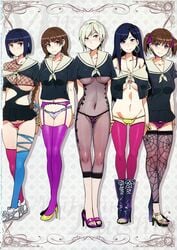 5girls black_hair blonde_hair blue_eyes blush brown_hair doujin_cover doujinshi earrings female female_only full_body garter_belt heels hi_res high_heels maria-sama_ga_miteru mizuryuu_kei multiple_girls noriko_nijou sachiko_ogasawara school_uniform schoolgirl sei_satou shoes smile standing thighhighs underboob yoshino_shimazu yumi_fukuzawa