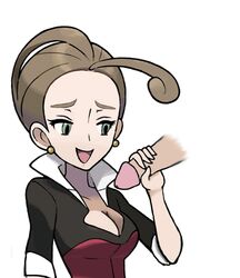 alexa_(pokemon) alternate_version_available brown_hair cleavage disembodied_penis earrings female game_freak green_eyes handjob male medium_breasts open_mouth pansy_(pokemon) penis pokemon pokemon_xy shoopawiz white_background