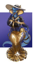 absurd_res anthro barcode big_breasts big_hat blue_body blue_scales breasts clothing dress exclamation_point female female_only frilly frilly_clothing frilly_dress furgonomic_piercing furgonomics glistening glistening_clothing glistening_dress glistening_thighs hi_res hobble_dress hobble_skirt latex latex_clothing lock_symbol looking_at_viewer nipple_outline open_mouth piercing reptile ring scales scalie seam_(sewing) shanher sharp_teeth snake snake_hood solo tail teeth tight_clothing tight_dress
