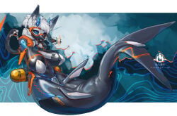 amputee anthro black_sclera blue_eyes bodysuit breasts camel_toe chinese_text clothing cybernetic_arm cybernetic_limb disability diving_mask double_amputee ears_up english_text exclamation_point female female_only fin fur gag gag_outline genital_outline hair hi_res horn latex latex_bodysuit latex_clothing latex_mask latex_mermaid latex_skinsuit looking_at_viewer mask mechanical_arm medical_instrument mermaid_tail nipple_outline oxygen_mask oxygen_tank scientific_instrument seam_(sewing) shanher skinsuit solo species_request text tight_clothing vulva_outline white_body white_fur white_hair