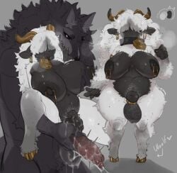 2_horns absurd_res accessory animal_genitalia animal_penis anthro areola ball_ring balls bell bell_collar big_balls big_breasts black_areola black_balls black_breasts black_nipples bodily_fluids bovid breast_fondling breast_play breasts breath canid canine canine_genitalia canine_penis canis caprine cock_ring collar colored cum cum_on_own_penis cum_on_penis cum_on_self curved_horn dark_body dark_fur digital_media_(artwork) dominant dominant_anthro dominant_male duo erection fondling fully_sheathed fur genital_fluids genitals grey_background gynomorph gynomorph/male gynomorph_anthro hand_on_breast hi_res horn huge_breasts intersex intersex/male intersex_anthro jewelry larger_anthro larger_male lvlirror male male_anthro mammal nipple_piercing nipple_ring nipples nude_anthro nude_gynomorph nude_male penis penis_accessory penis_jewelry piercing predator/prey ring_piercing saggy_balls shaded sheath sheep simple_background size_difference smaller_anthro smaller_gynomorph smaller_intersex submissive submissive_anthro submissive_gynomorph submissive_intersex white_body white_fur white_wool wolf wool_(fur)