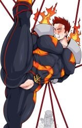 arms_behind_back best_jeanist big_pecs bondage clenched_teeth cuntboy endeavor_(my_hero_academia) enji_todoroki flames hero_suit leg_held_up male_only muscular muscular_cuntboy muscular_male my_hero_academia nipples_visible_through_clothing niusesabe open_mouth pussy_drip pussy_hole red_rope rope shocked_expression standing todoroki_enji