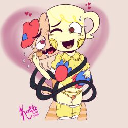 blush caressing cartoony dandy's_world dandy's_world_oc drooling goob_(dandy's_world) hugging kenitohhh leaking leaking_precum oc original_character outercourse panties panting pulled_down_pants sweat thigh_fuck thighs
