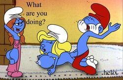 big_breasts blue_skin breasts hanna-barbera helix huge_breasts nipples papa_smurf sassette smurfette the_smurfs